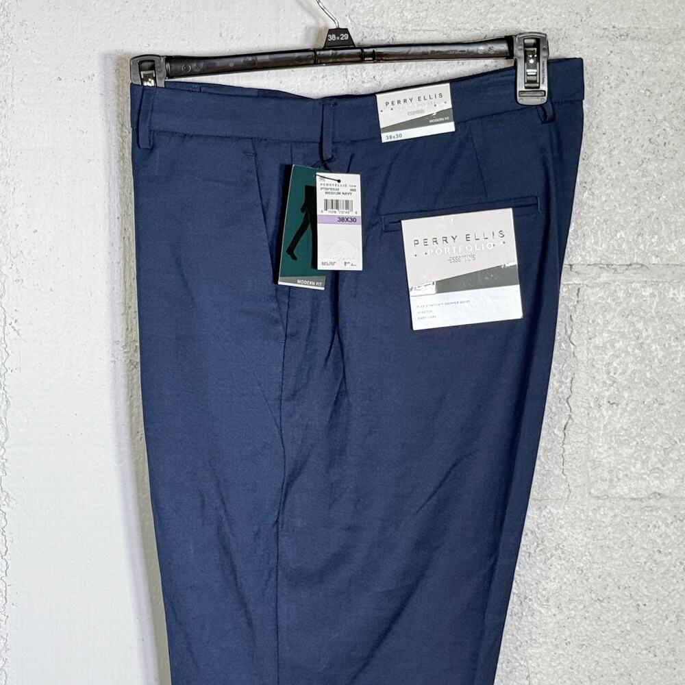 Perry Ellis Portfolio Men's ModFit Stretch Pants, Medium Navy Birdseye 38x30 $95